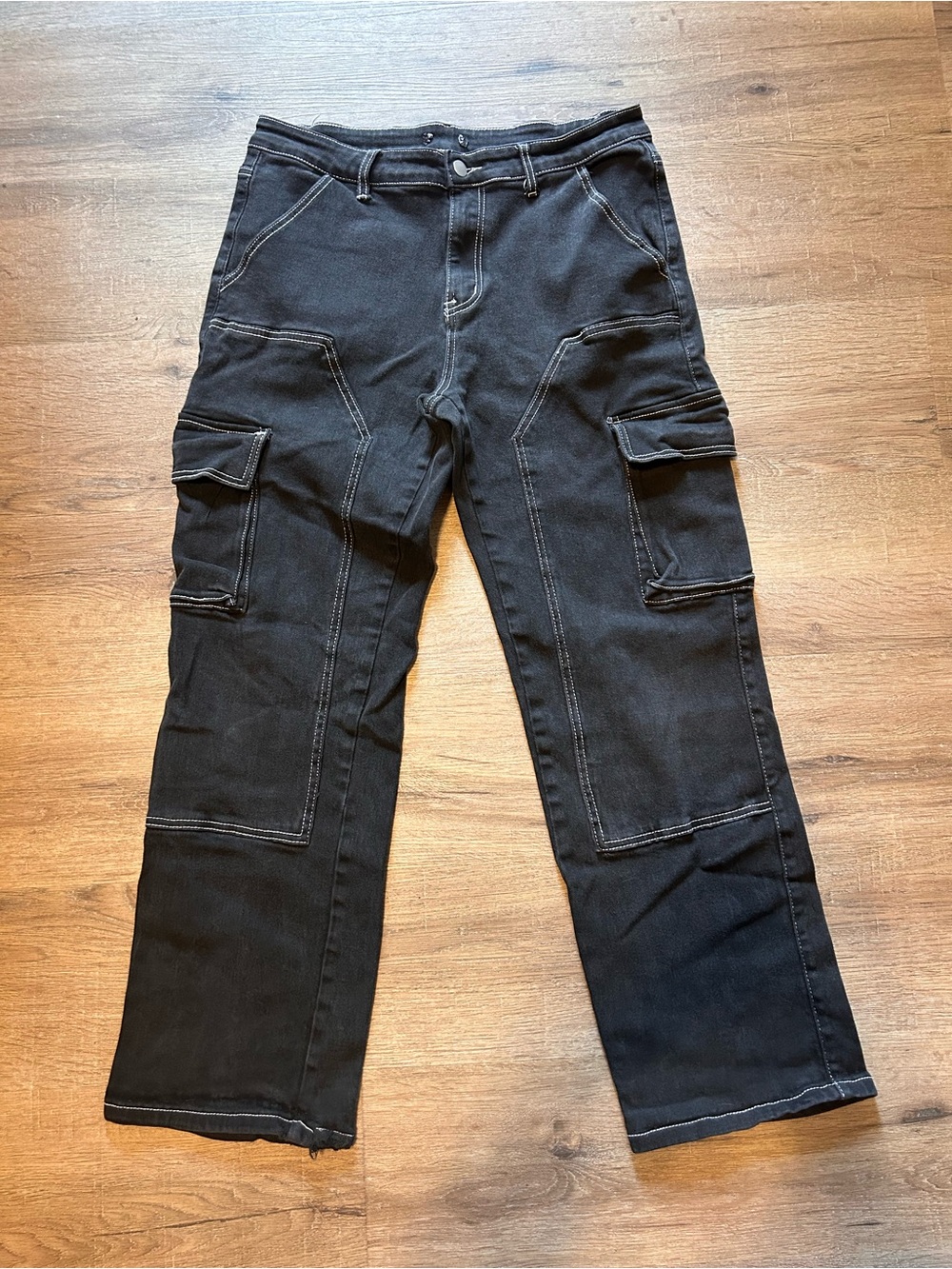 Mens Utility Cargo Work Pants Black Contrast Stitching Side Pockets 33x32
